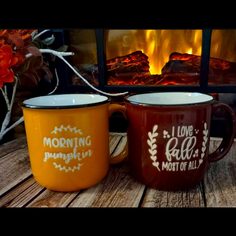 Set of 2 Farmhouse style fall glazed ceramic mugs